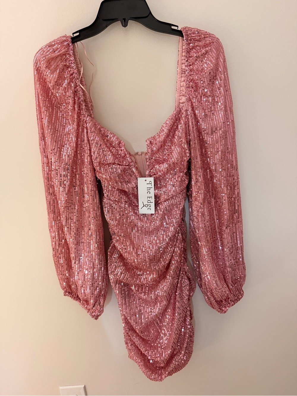 The Edge Pink Sequin Puff-Sleeve Ruched Mini Dress